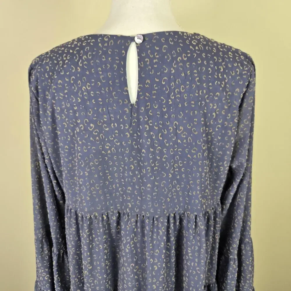 Altar'd State Dress Womens Large Blue Animal Print Bell Sleeve Tiered Trapeze